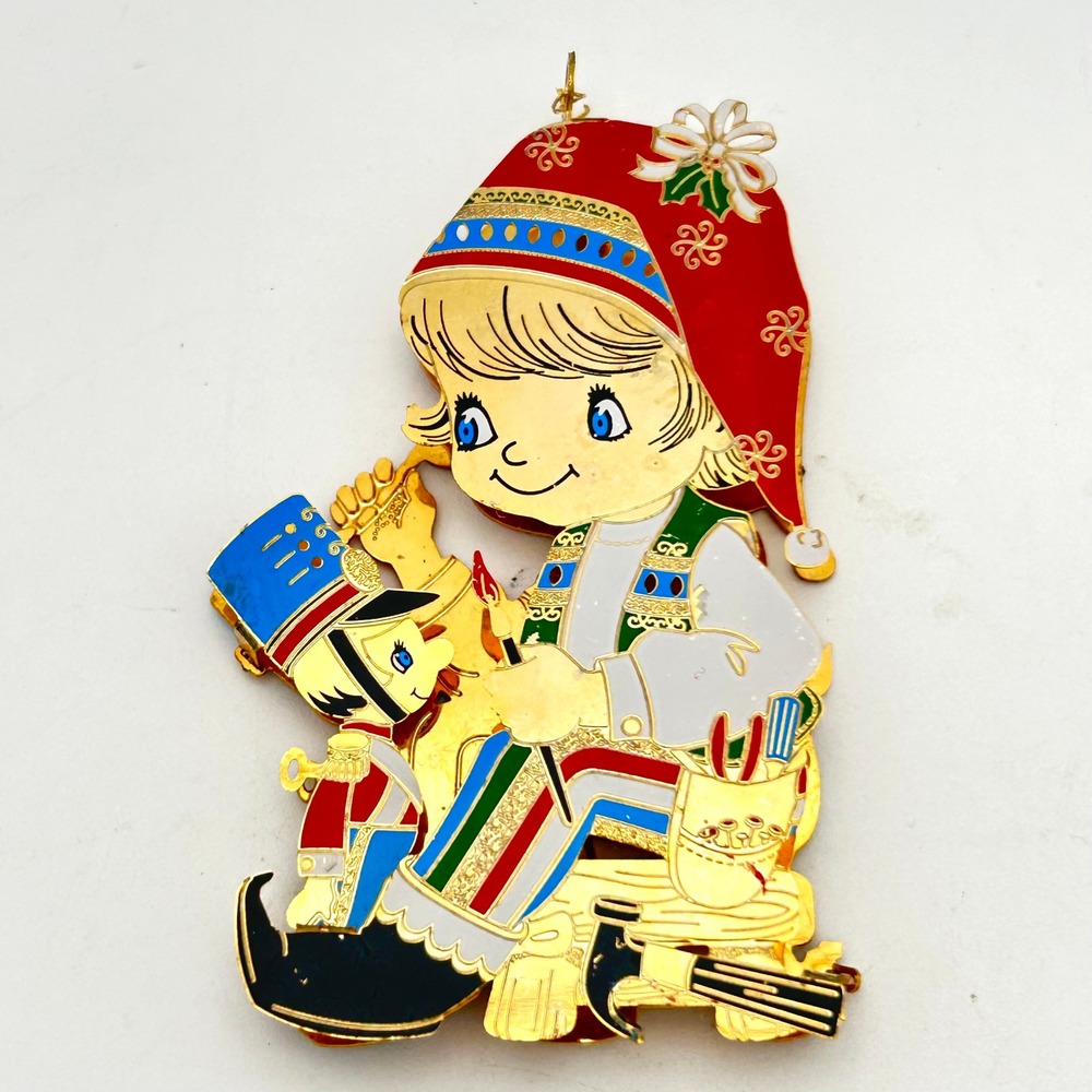 Vintage 3D 3" Brass Enamel Christmas Ornament Elf Painting Nutcracker Workshop